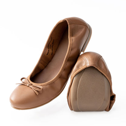 ERICA Genuine Leather Foldable Ballet Flats - Caramel Brown